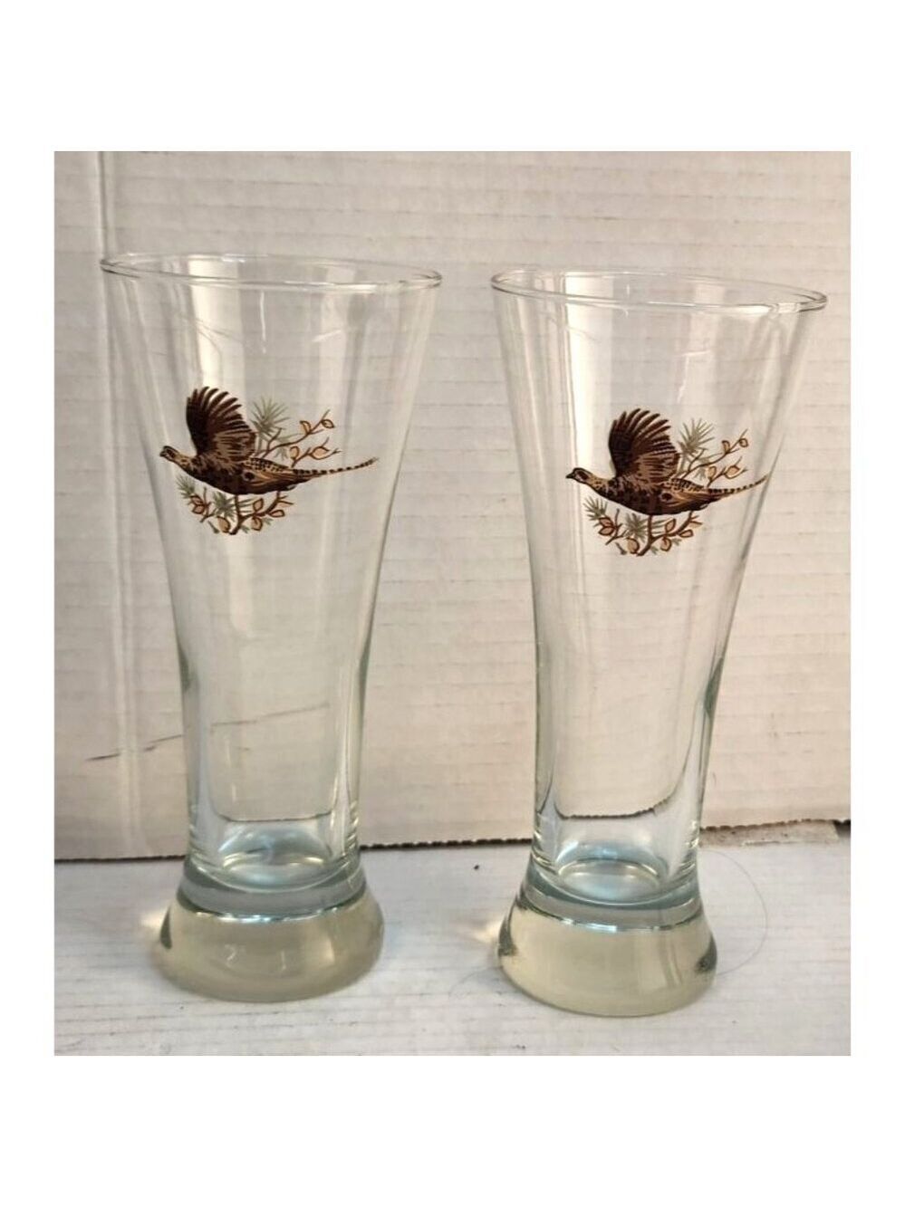 Vintage Pheasant Wildlife Tall Pilsner Drinking Glasses Tumblers Set Of 2, 7x3 i